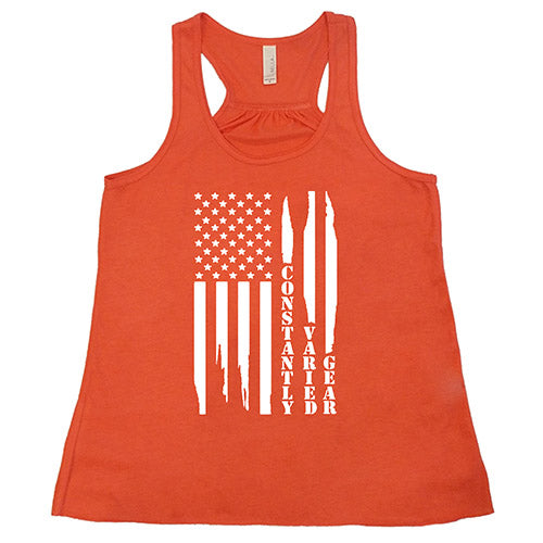 coral tank with a white distressed flag design in the center