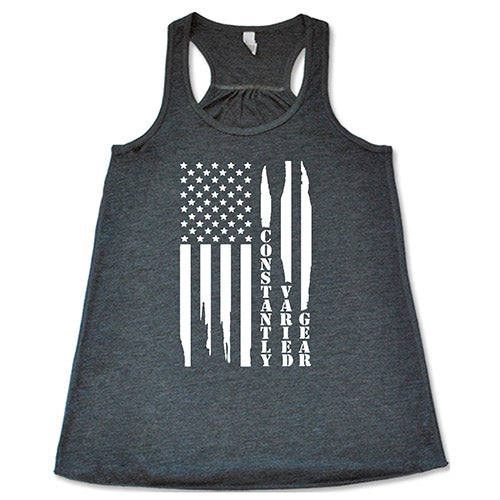 grey tank with a white distressed flag design in the center