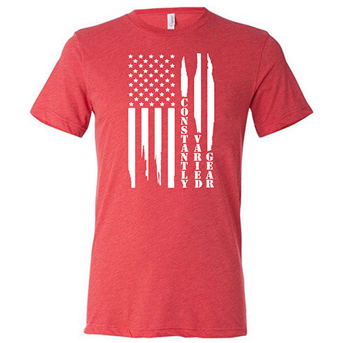 red unisex shirt with a white distressed flag design in the center