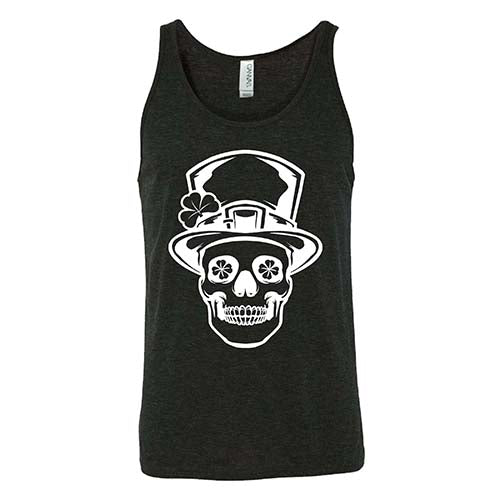 black unisex shirt with a leprechaun skull graphic on it in white