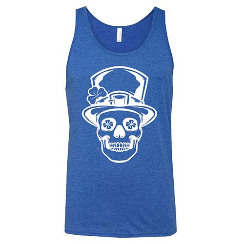 blue unisex shirt with a leprechaun skull graphic on it in white