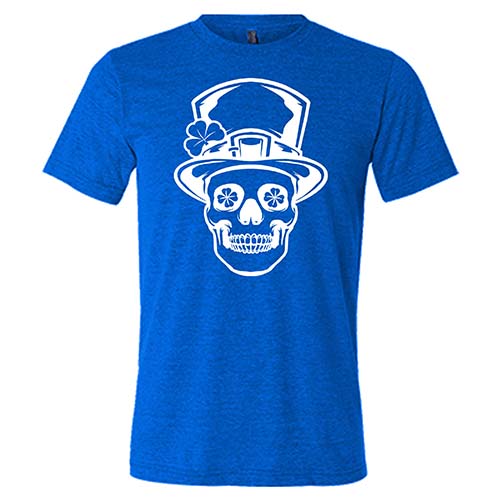 blue unisex shirt with a leprechaun skull graphic on it in white