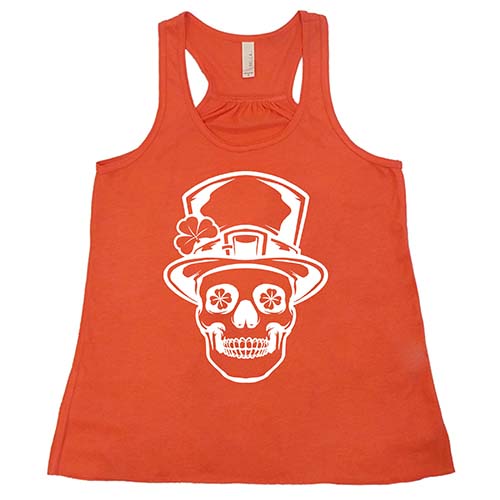 coral racerback tank top with a white leprechaun skull graphic