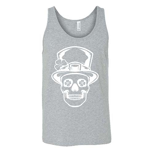 grey unisex shirt with a leprechaun skull graphic on it in white
