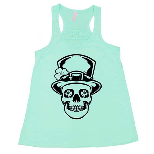 mint racerback tank top with a white leprechaun skull graphic