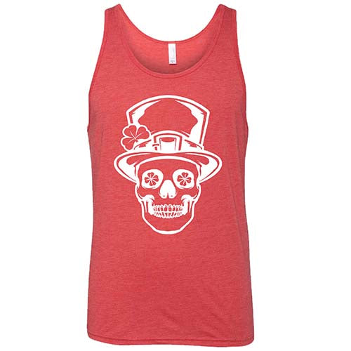 red unisex shirt with a leprechaun skull graphic on it in white