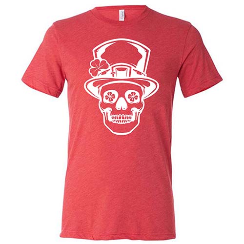red unisex shirt with a leprechaun skull graphic on it in white