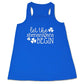 blue racerback tank top with the saying "let the shenanigans begin" in white