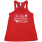red racerback tank top with the saying "let the shenanigans begin" in white