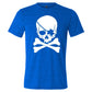 blue unisex shirt with a shamrock skull graphic on it in white