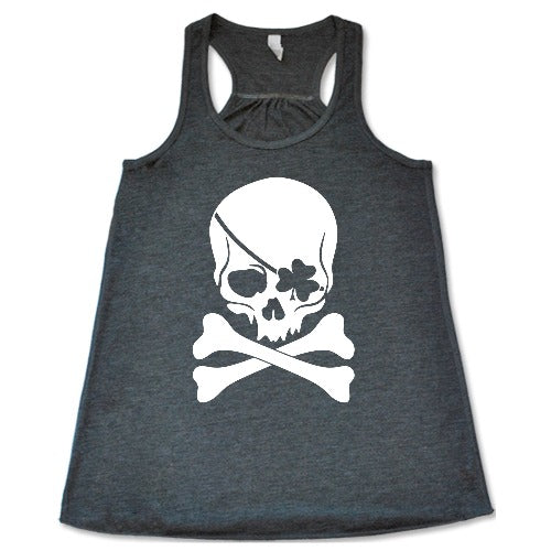 grey unisex shirt with a shamrock skull graphic on it in white