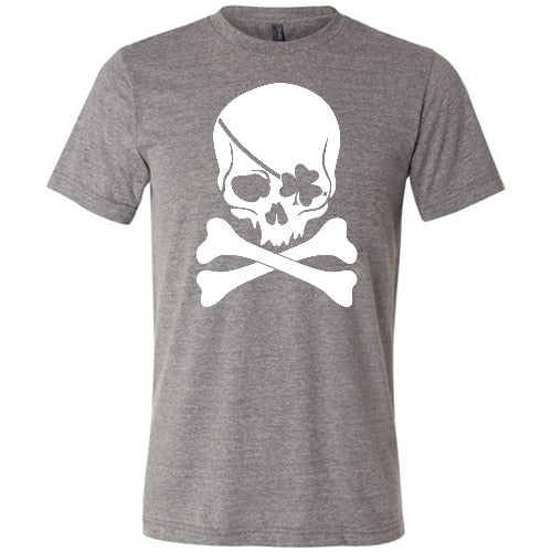 grey unisex shirt with a shamrock skull graphic on it in white