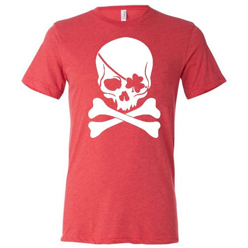 red unisex shirt with a shamrock skull graphic on it in white