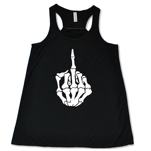 black tank top that has a skeleton middle finger on the center