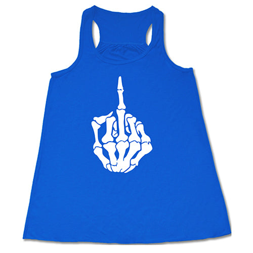 blue tank top that has a skeleton middle finger on the center