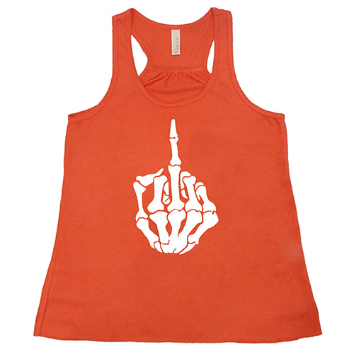 orange tank top that has a skeleton middle finger on the center