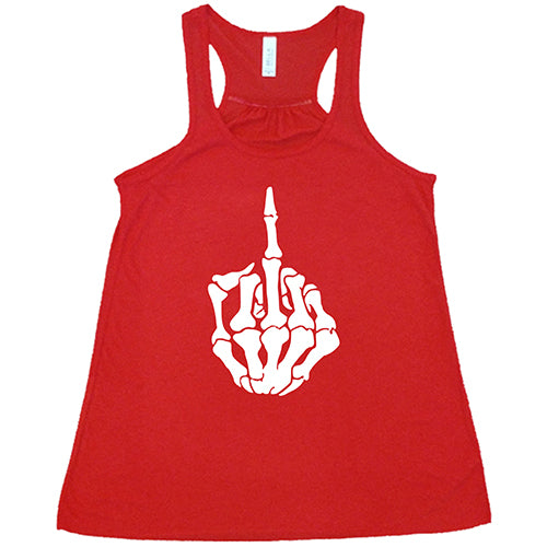 red tank top that has a skeleton middle finger on the center