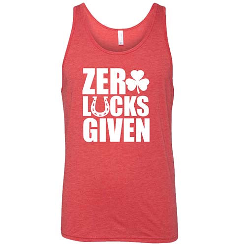 red unisex shirt with the saying "zero lucks given" on it in white