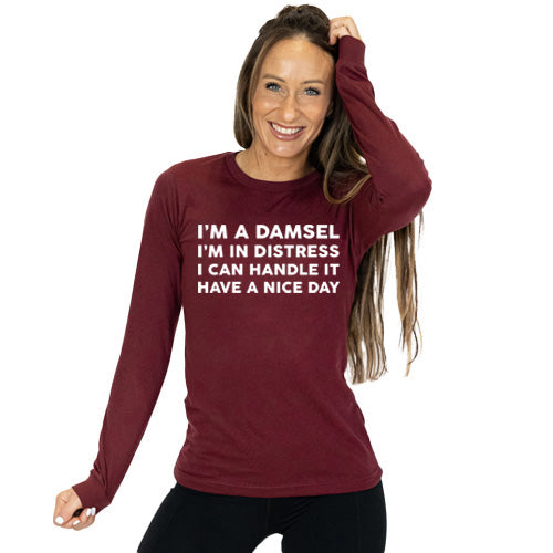 front view of heather cardinal colored long sleeve shirt with saying in the color white