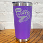 20oz purple tumbler with silver dino skull with speech bubble saying "rawr!"