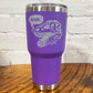 30oz purple tumbler with silver dino skull with speech bubble saying "rawr!"