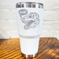 30oz white tumbler with silver dino skull with speech bubble saying "rawr!"