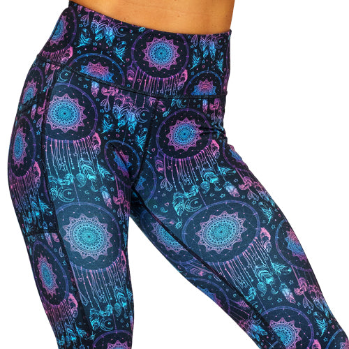 close up of pink and blue ombre dream catcher print leggings 