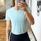 front view of solid light blue cropped t shirt