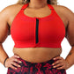 front view of solid red front zipper sports bra