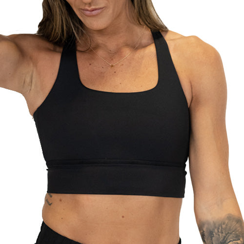 front view of solid black longline bra