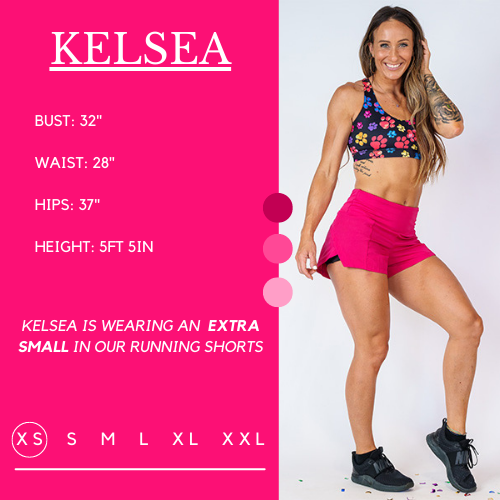Graphic showing the measurements of a model and what size she wears for the running shorts. Her bust is 32 inches, waist is 28 inches, hips are 37 inches, and height is 5 foot and 5 inches. She wears an extra small in the running shorts