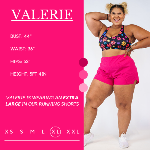 Graphic of a model showing her measurements and what size she wears for the running shorts. Her bust is 44 inches, waist is 36 inches, hips are 52 inches, and height is 5 feet and 4 inches. She wears an extra large in the running shorts