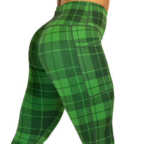 Close up of green plaid leggings