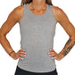 front view of grey basic tie back tank