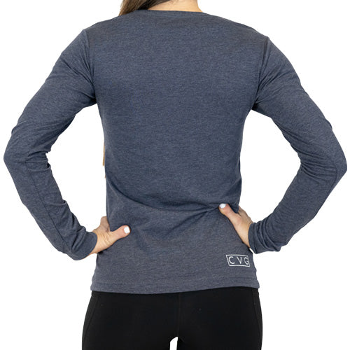 back view of heather navy colored long sleeve shirt