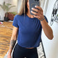 front view of solid navy blue cropped t shirt
