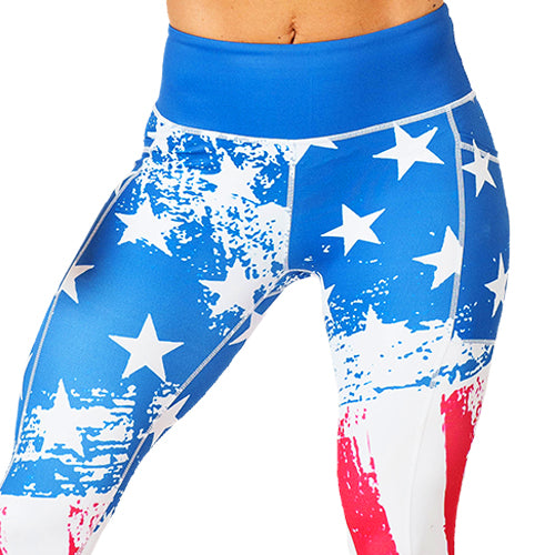 close up of American flag print leggings