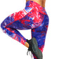 close up of red, white and blue tie dye print leggings 