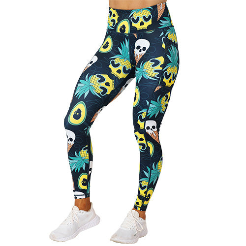 front view of full length skull pineapple and ice cream cone print leggings
