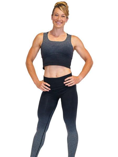Photo of ninja warrior, Jessie Graff, wearing black ombre leggings and the matching black ombre crop top