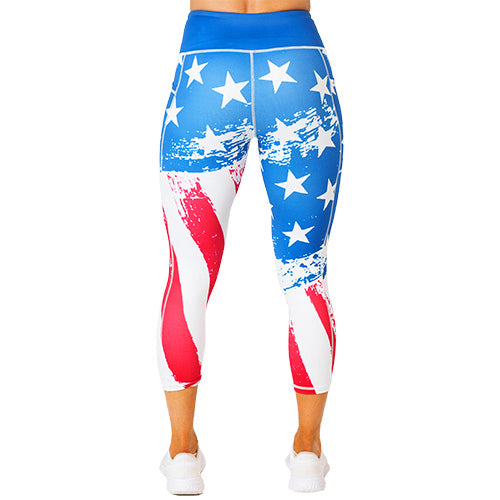 back view of capri length American flag print leggings
