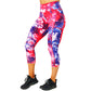 front view of capri length red, white and blue tie dye print leggings 