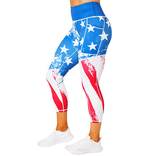 side view of capri length American flag print leggings