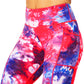 close up of red, white and blue tie dye print leggings 
