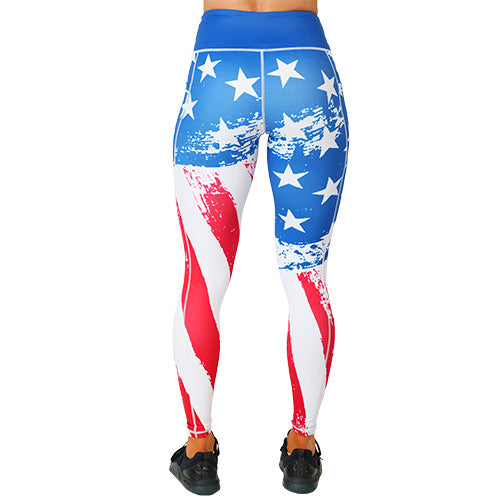 back view of full length American flag print leggings