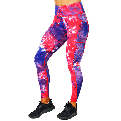 front view of full length red, white and blue tie dye print leggings 