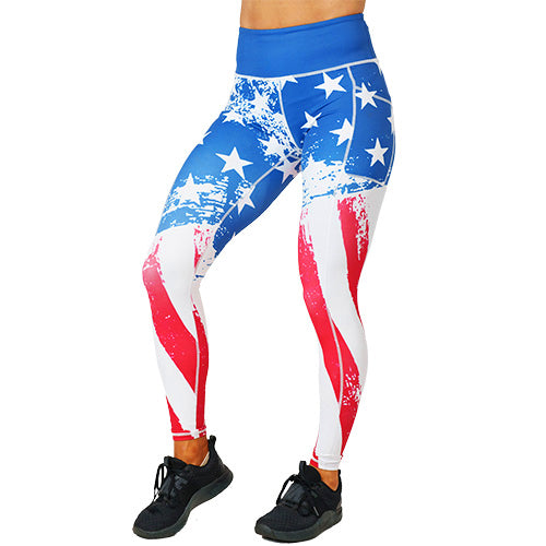 front view of full length American flag print leggings