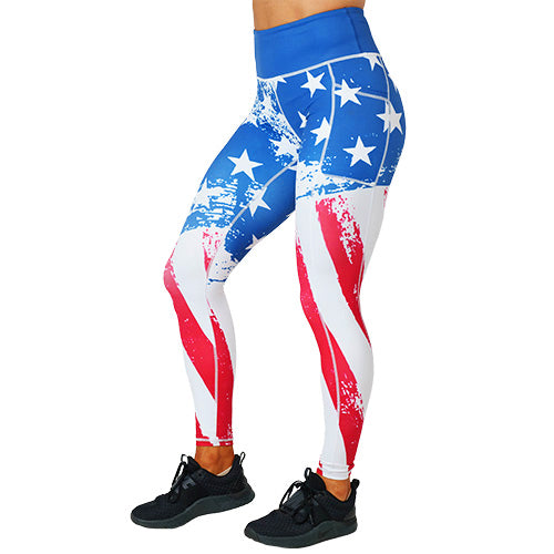 side view of full length American flag print leggings
