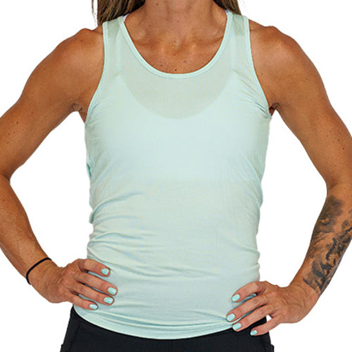 front view of teal basic tie back tank