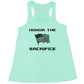 mint tank with the saying "honor the sacrifice" and an American flag in black